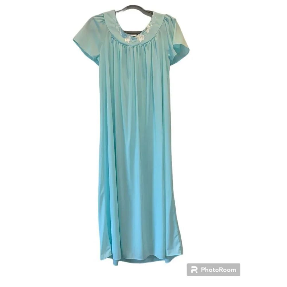 Miss Elaine Vintage Nylon Nightgown Light Blue/Green Sheer Womens Size Medium